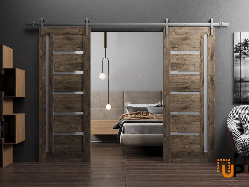 Double mdf sliding french interior barn double door with frosted glass | Quadro 4088  Cognac Oak | 36 x 80 (2* 18x80) photo#2