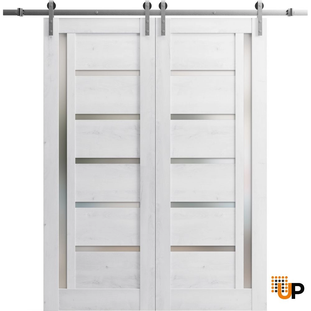 Double mdf sliding french interior barn double door with frosted glass | Quadro 4088  Nordic White | 36 x 80 (2* 18x80) photo#1