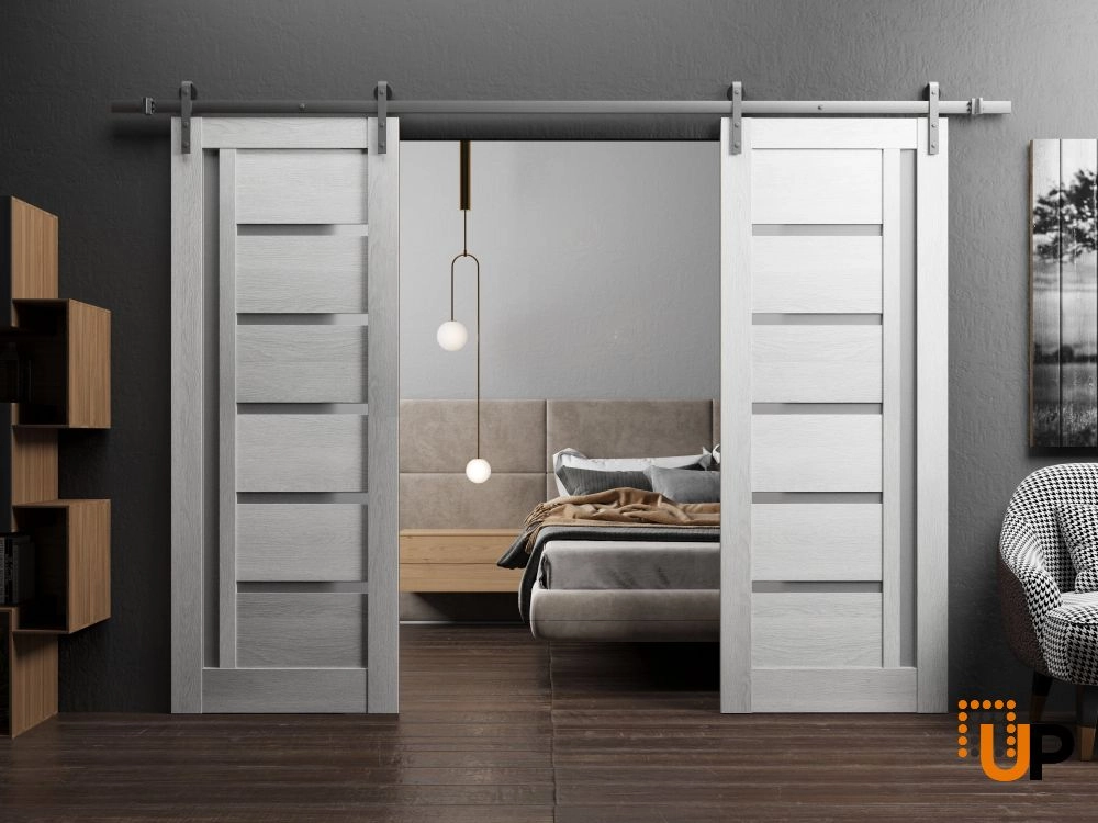 Double mdf sliding french interior barn double door with frosted glass | Quadro 4088  Light Grey Oak | 36 x 80 (2* 18x80) photo#2