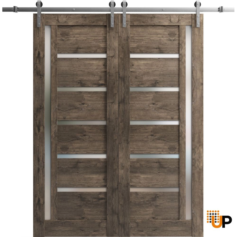 Double mdf sliding french interior barn double door with frosted glass | Quadro 4088  Cognac Oak | 36 x 80 (2* 18x80) photo#1