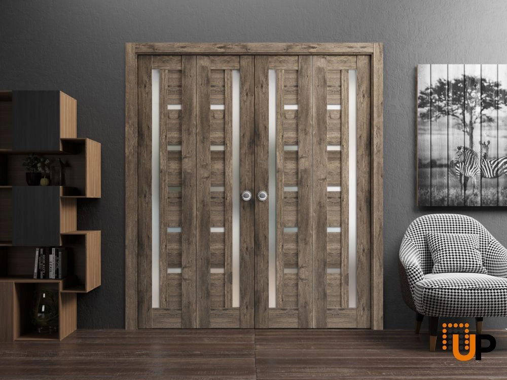 4 folding panels mdf sliding modern interior bi-fold double door with frosted glass | Quadro 4088  Cognac Oak | 72 x 80 (4* 18x80) photo#2