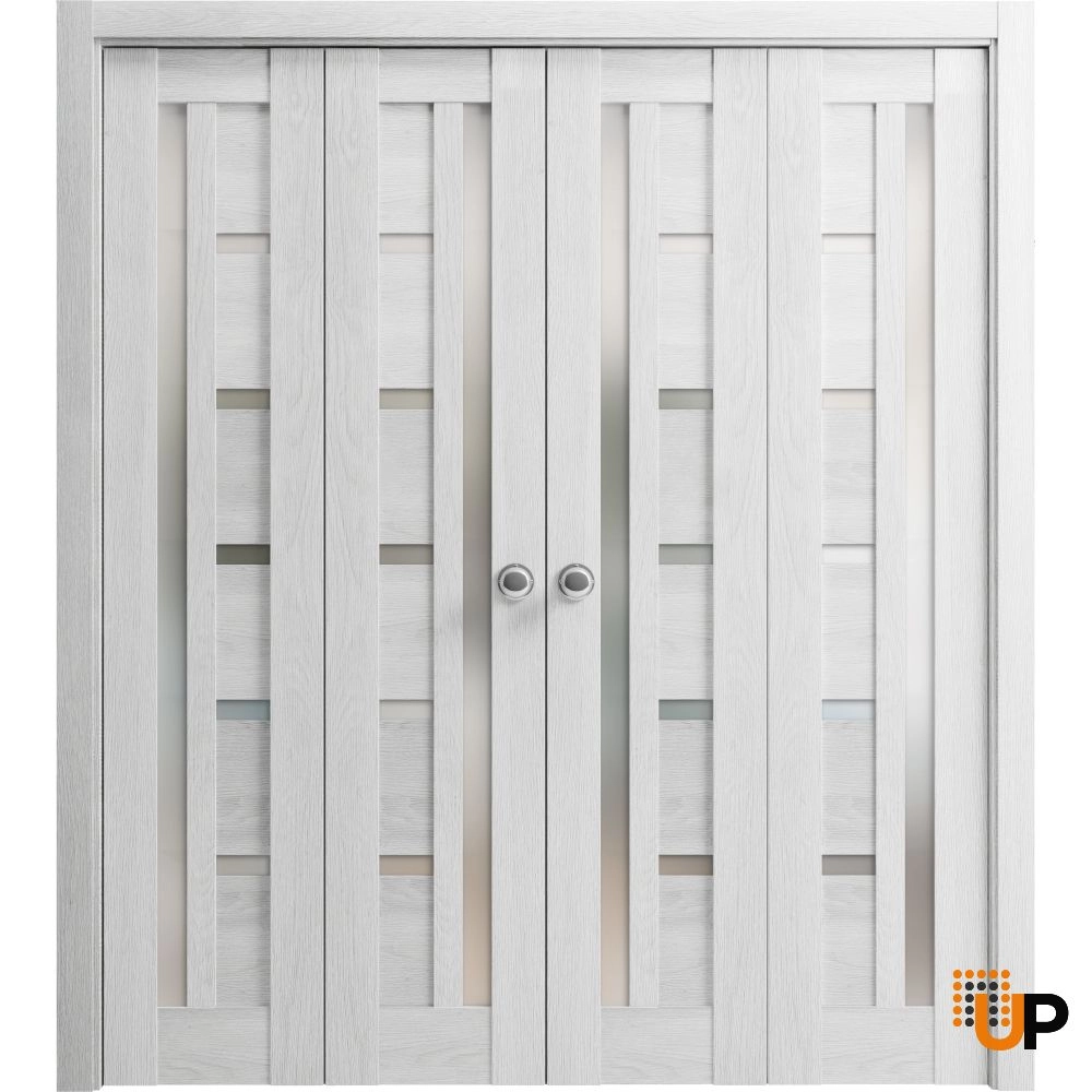 4 folding panels mdf sliding modern interior bi-fold double door with frosted glass | Quadro 4088  Light Grey Oak | 72 x 80 (4* 18x80) photo#1