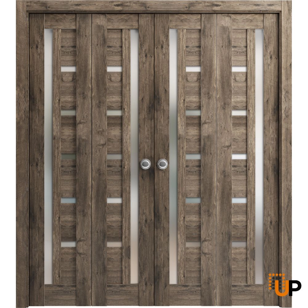 4 folding panels mdf sliding modern interior bi-fold double door with frosted glass | Quadro 4088  Cognac Oak | 72 x 80 (4* 18x80) photo#1