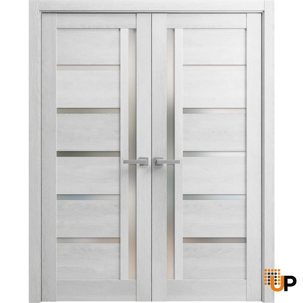 Double mdf french interior swing double door with frosted glass | Quadro 4088  Light Grey Oak | 36 x 80 (2* 18x80) photo#1