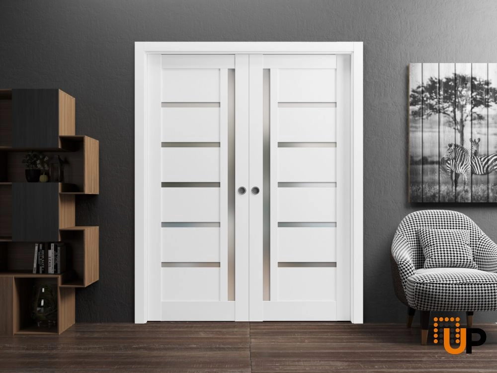 Double mdf sliding modern interior pocket double door with frosted glass | Quadro 4088  White | 36 x 96 (2* 18x96) photo#2
