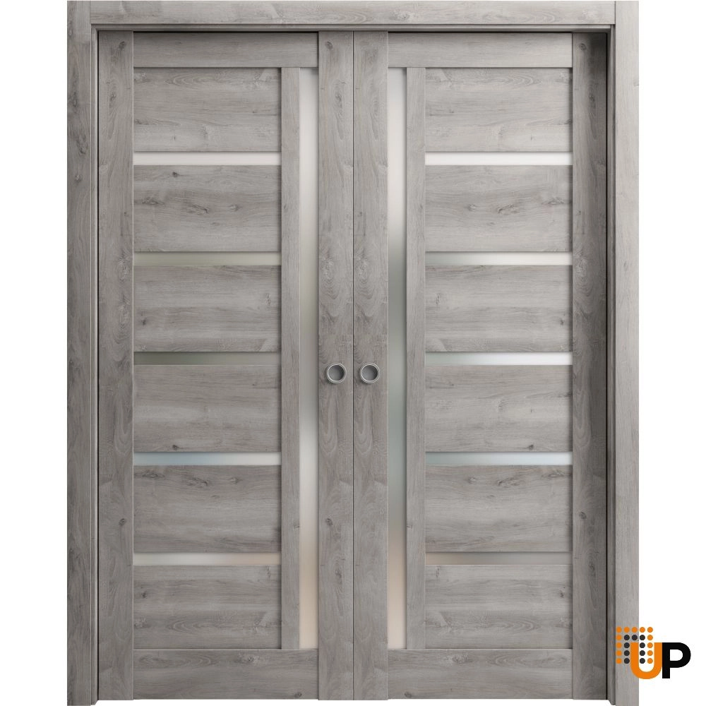 Double mdf sliding modern interior pocket double door with frosted glass | Quadro 4088  Nebraska Grey | 36 x 80 (2* 18x80) photo#1