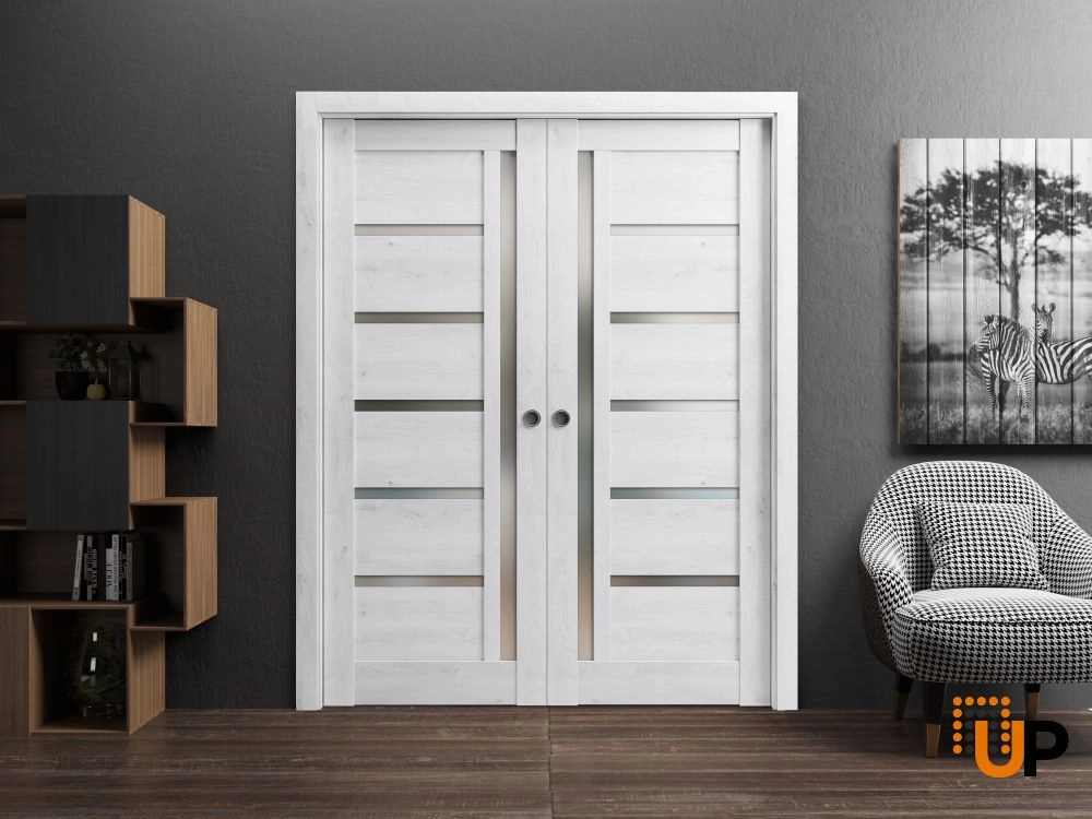Single mdf modern interior door slab with frosted glass | Quadro 4088  Nordic White | 18 x 80 photo#2