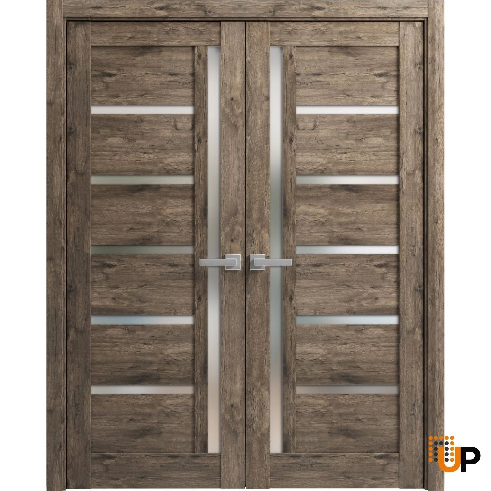 Double mdf french interior swing double door with frosted glass | Quadro 4088  Cognac Oak | 36 x 80 (2* 18x80) photo#1