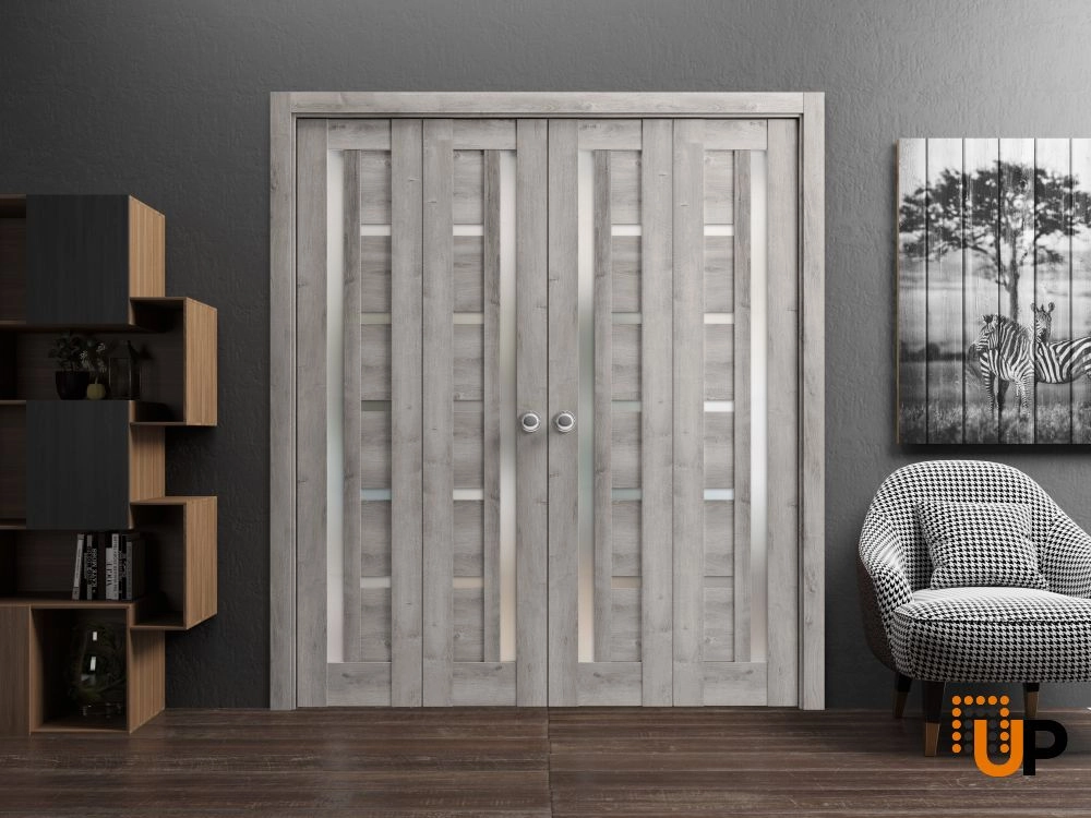 4 folding panels mdf sliding modern interior bi-fold double door with frosted glass | Quadro 4088  Nebraska Grey | 72 x 80 (4* 18x80) photo#2