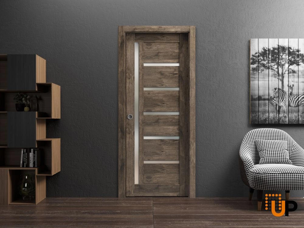 Single mdf modern interior door slab with frosted glass | Quadro 4088  Cognac Oak | 18 x 80 photo#4