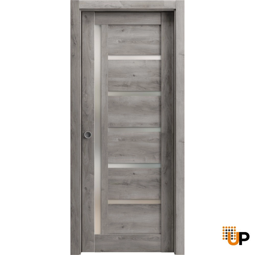 Single mdf sliding modern interior pocket door with frosted glass | Quadro 4088  Nebraska Grey | 18 x 80 photo#1