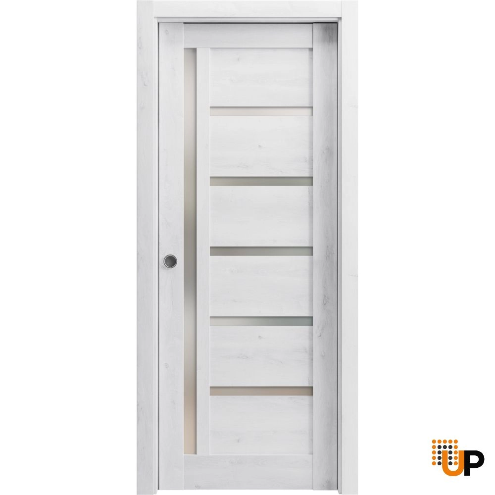 Single mdf sliding modern interior pocket door with frosted glass | Quadro 4088  Nordic White | 18 x 80 photo#1