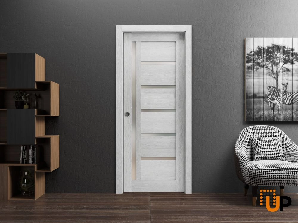 Single mdf sliding modern interior pocket door with frosted glass | Quadro 4088  Light Grey Oak | 18 x 80 photo#2