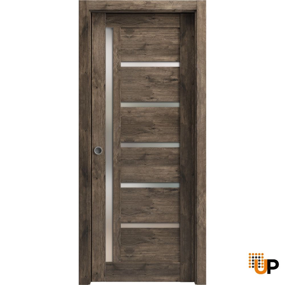 Single mdf sliding modern interior pocket door with frosted glass | Quadro 4088  Cognac Oak | 18 x 80 photo#1