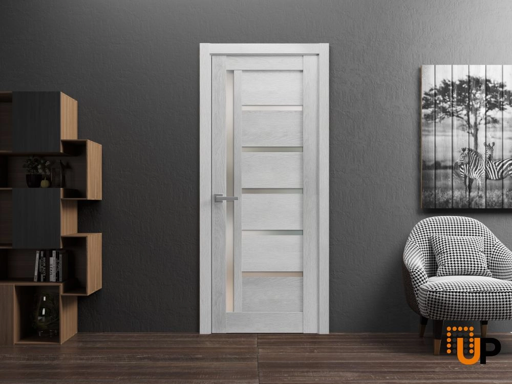 Single mdf modern interior swing door with frosted glass | Quadro 4088  Light Grey Oak | 18 x 80 photo#2