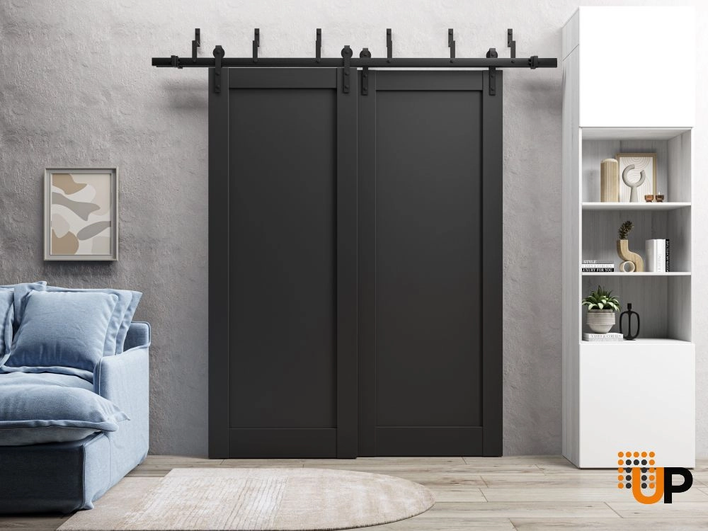 Double solid core sliding interior barn bypass door | Quadro 4111 Black Matte | 84 x 84 (2* 42x84) photo#2