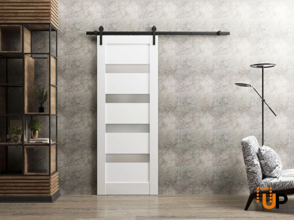 Single mdf sliding modern interior barn door with frosted glass | Quadro 4113 White | 18 x 80 photo#2