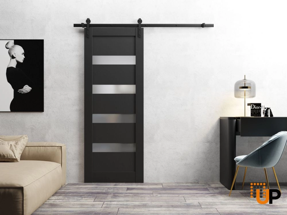 Single mdf sliding modern interior barn door with frosted glass | Quadro 4113 Black Matte | 18 x 80 photo#2