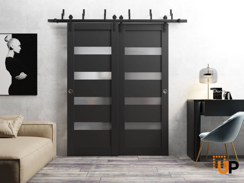 Single solid core interior door slab with frosted glass | Quadro 4113 Black Matte | 18 x 80 photo#2