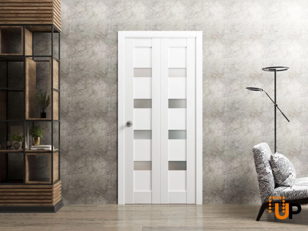 2 folding panels mdf sliding modern interior bi-fold door with frosted glass | Quadro 4113 White | 36 x 80 (2* 18x80) photo#2