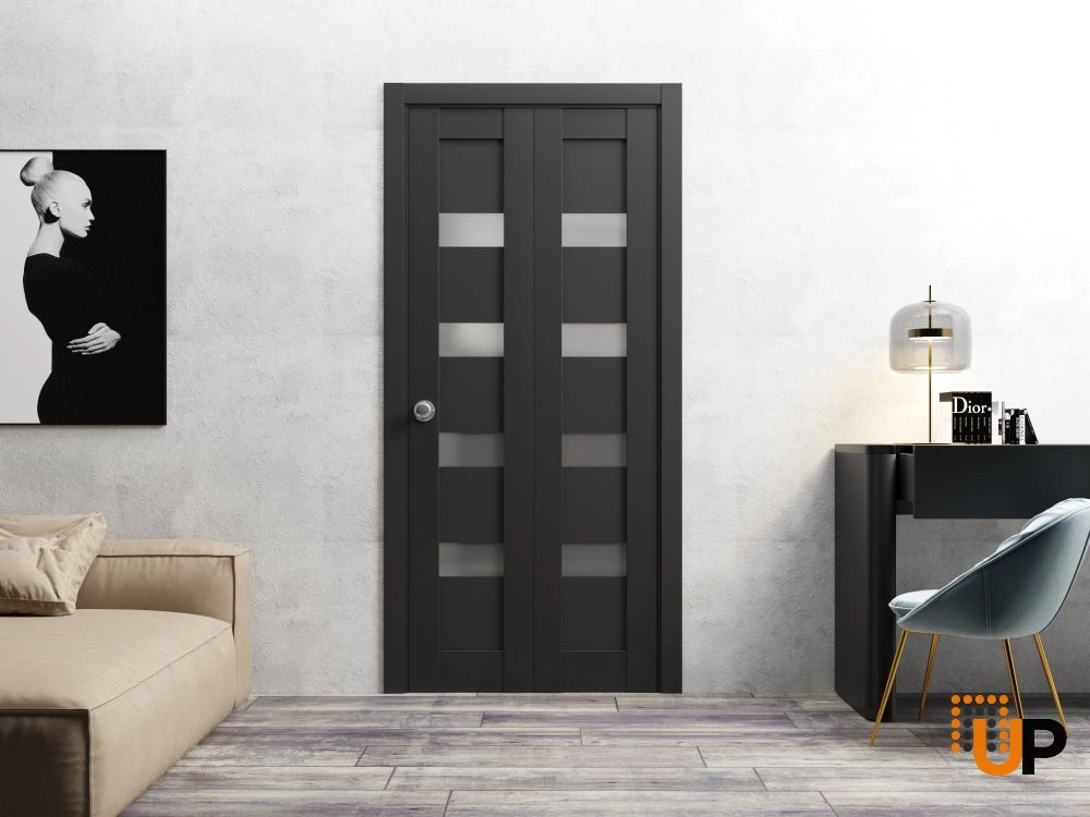 2 folding panels mdf sliding modern interior bi-fold door with frosted glass | Quadro 4113 Black Matte | 36 x 80 (2* 18x80) photo#2