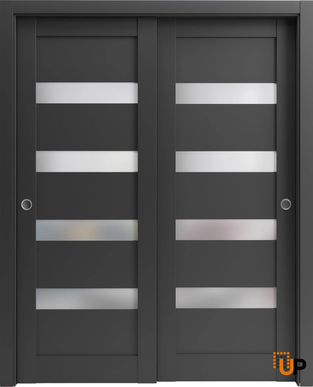 Double solid core sliding interior closet bypass door with frosted glass | Quadro 4113 Black Matte | 48 x 96 (2* 24x96) photo#1