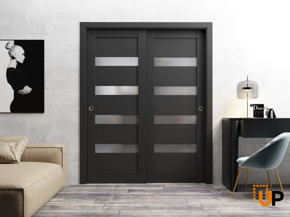 Double solid core sliding interior closet bypass door with frosted glass | Quadro 4113 Black Matte | 48 x 96 (2* 24x96) photo#2