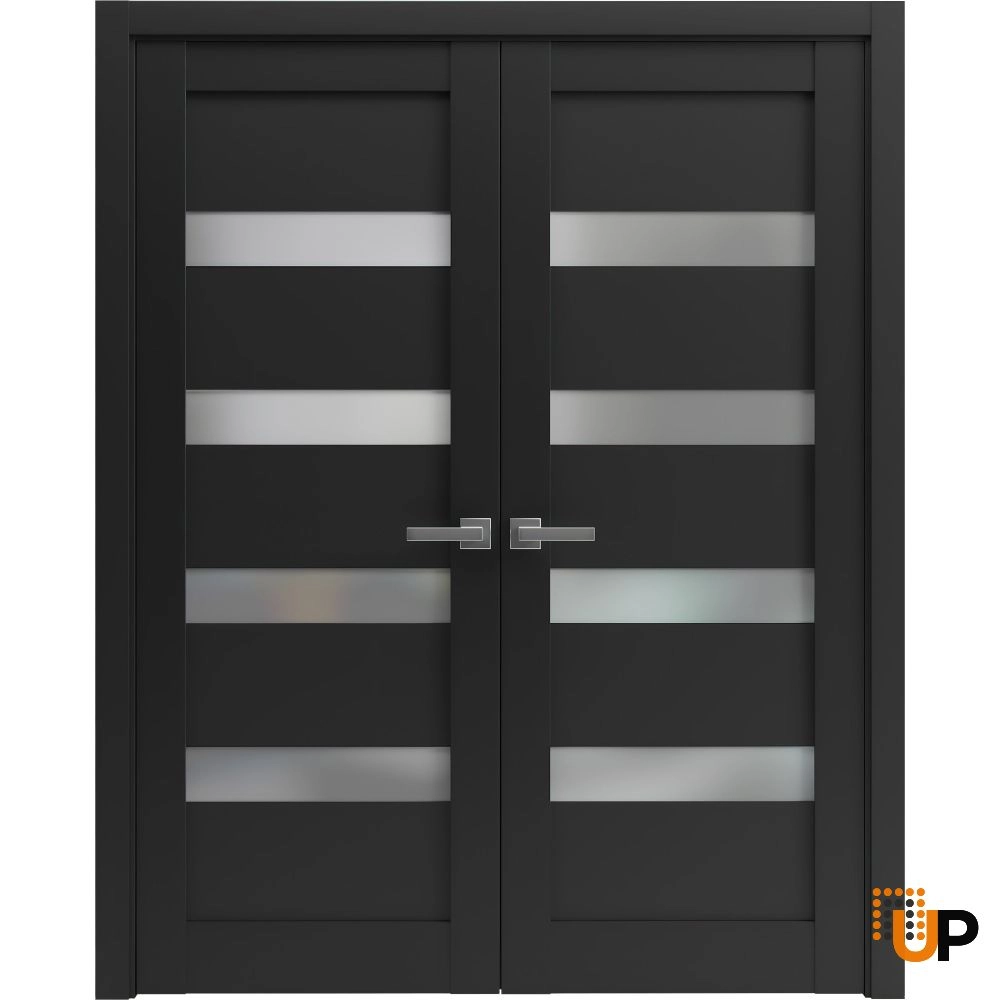 Double mdf french interior swing double door with frosted glass | Quadro 4113 Black Matte | 60 x 80 (2* 30x80) photo#1