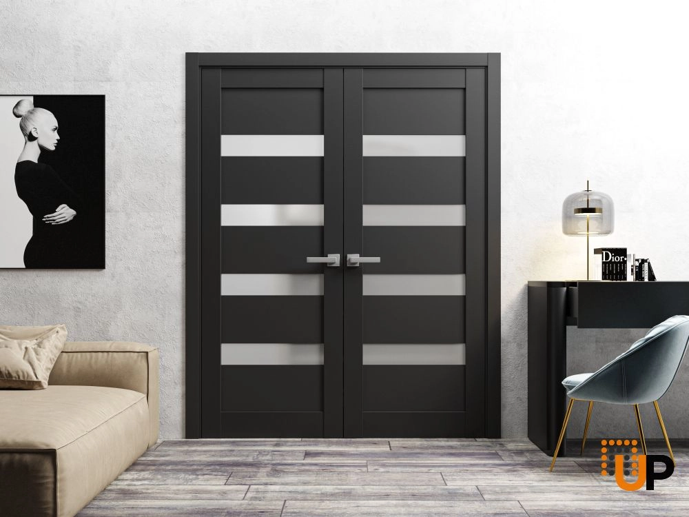 Double mdf french interior swing double door with frosted glass | Quadro 4113 Black Matte | 60 x 80 (2* 30x80) photo#2