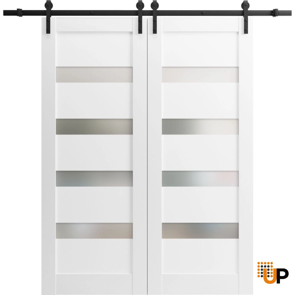 Double mdf sliding french interior barn double door with frosted glass | Quadro 4113 White | 36 x 80 (2* 18x80) photo#1