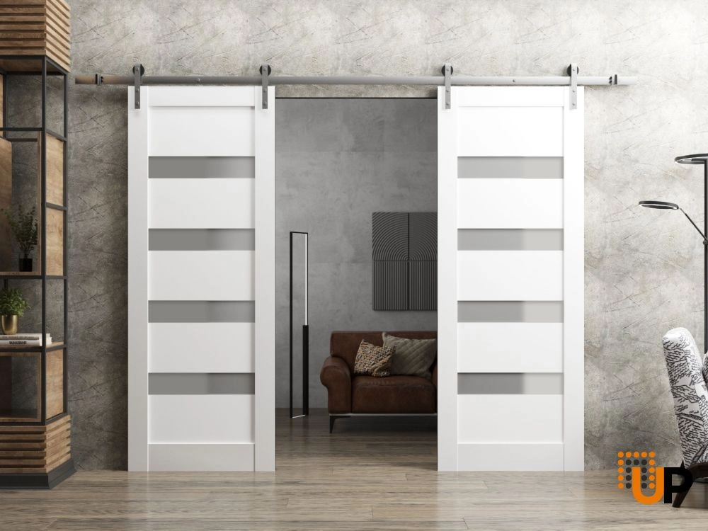 Double solid core sliding interior barn double door with frosted glass | Quadro 4113 White | 36 x 80 (2* 18x80) photo#2