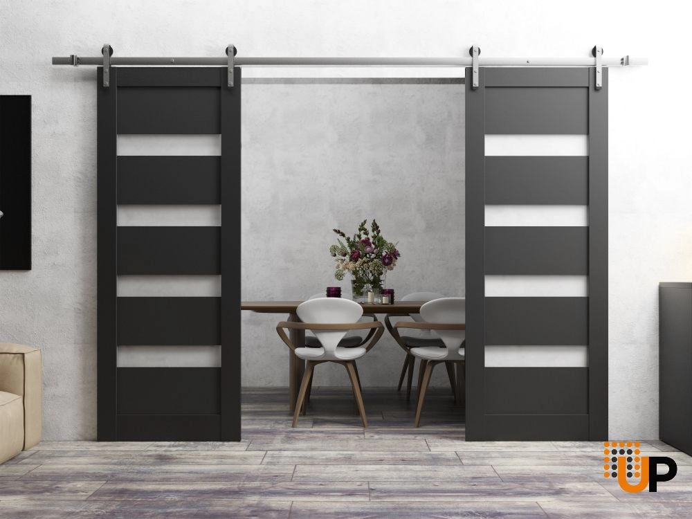 Double mdf sliding french interior barn double door with frosted glass | Quadro 4113 Black Matte | 36 x 80 (2* 18x80) photo#2