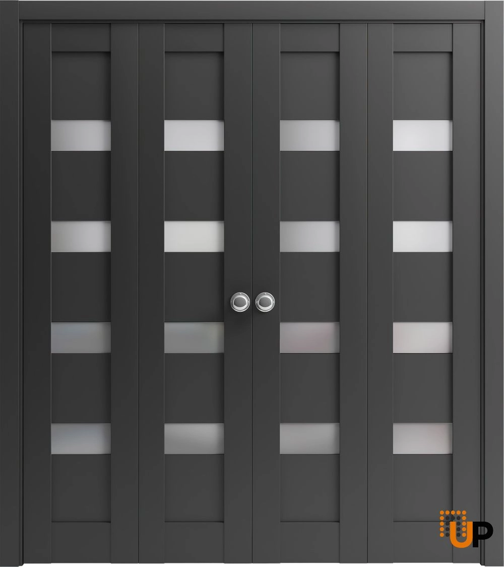 4 folding panels mdf sliding modern interior bi-fold double door with frosted glass | Quadro 4113 Black Matte | 72 x 80 (4* 18x80) photo#1