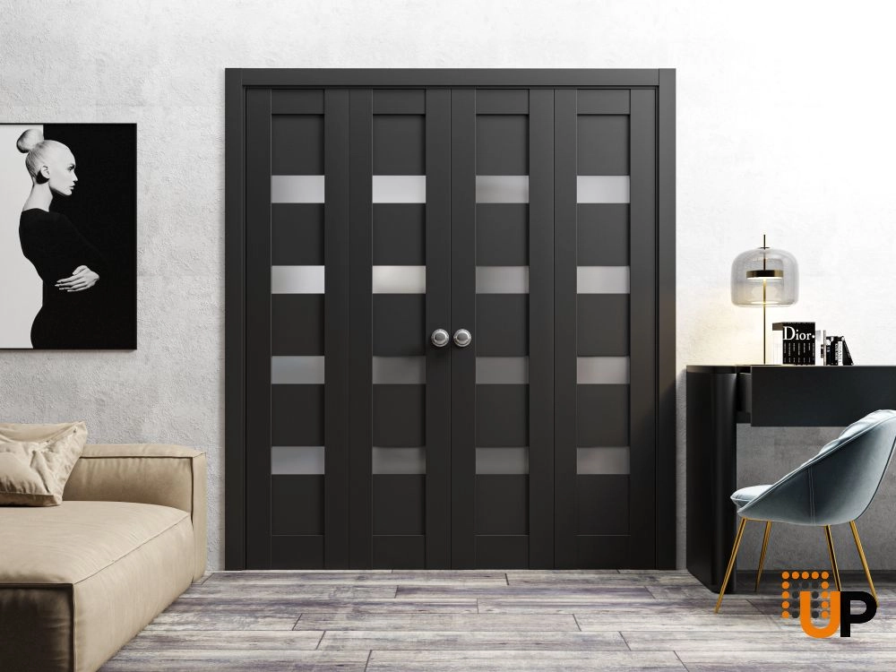 4 folding panels mdf sliding modern interior bi-fold double door with frosted glass | Quadro 4113 Black Matte | 72 x 80 (4* 18x80) photo#2