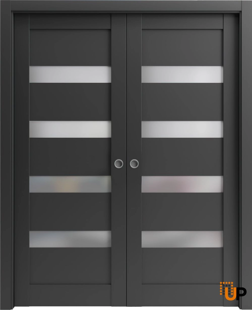 Double solid core sliding interior pocket double door with frosted glass | Quadro 4113 Black Matte | 36 x 80 (2* 18x80) photo#1