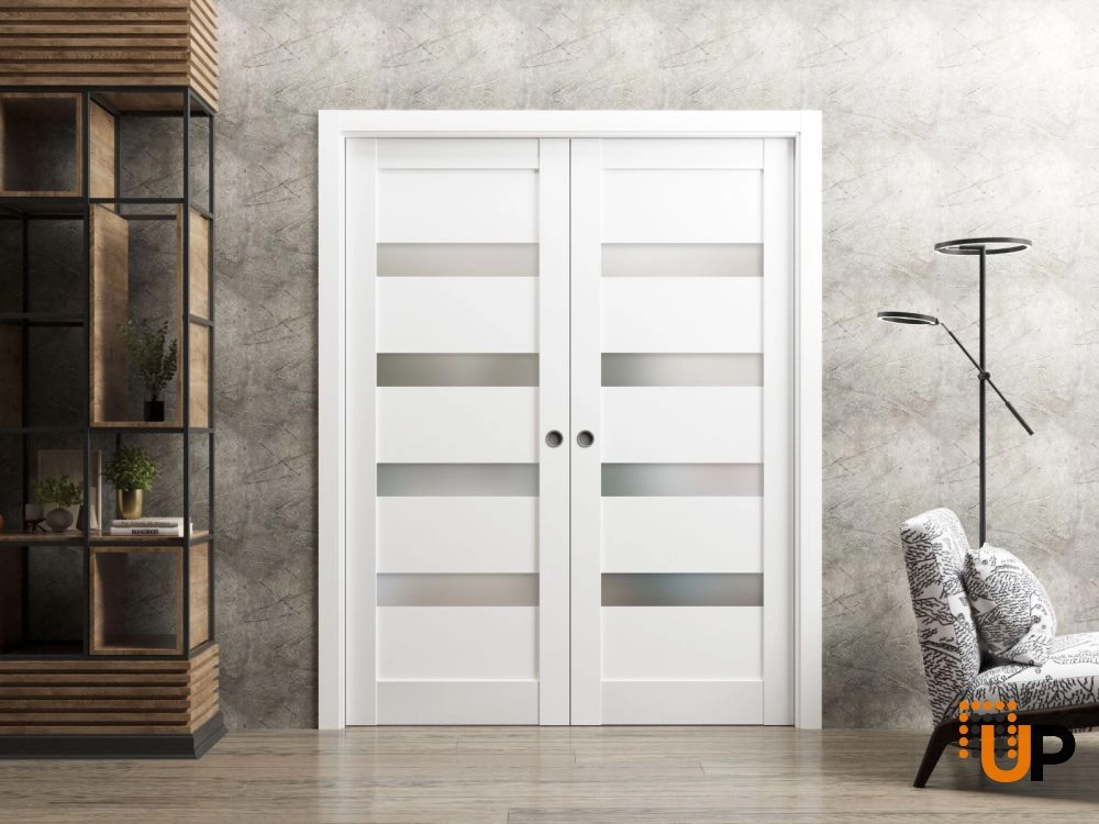 Single solid core interior door slab with frosted glass | Quadro 4113 White | 32 x 80 photo#4