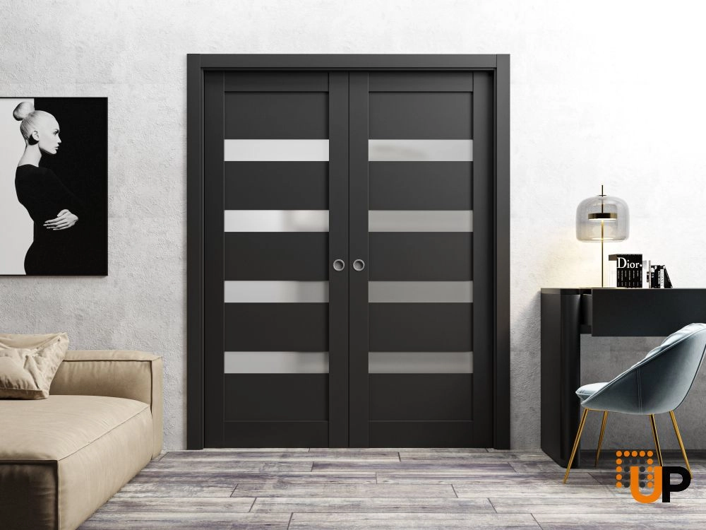 Single solid core interior door slab with frosted glass | Quadro 4113 Black Matte | 18 x 80 photo#3