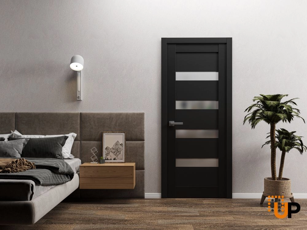 Single mdf modern interior swing door with frosted glass | Quadro 4113 Black Matte | 18 x 80 photo#2