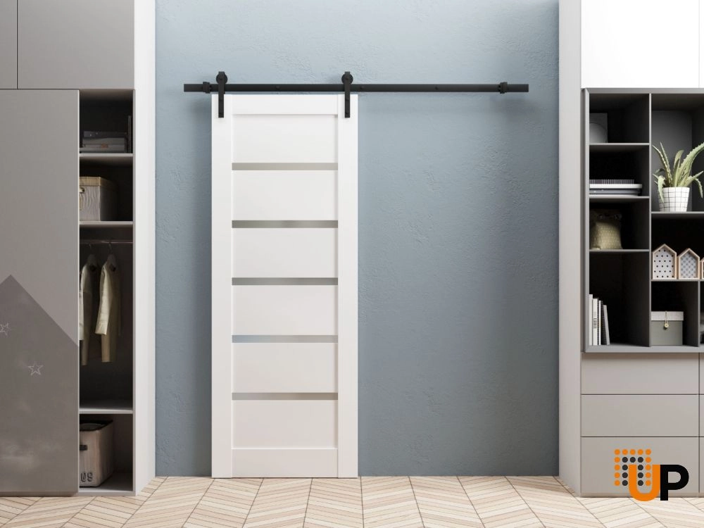 Single mdf sliding modern interior barn door with frosted glass | Quadro 4117 White | 18 x 80 photo#2