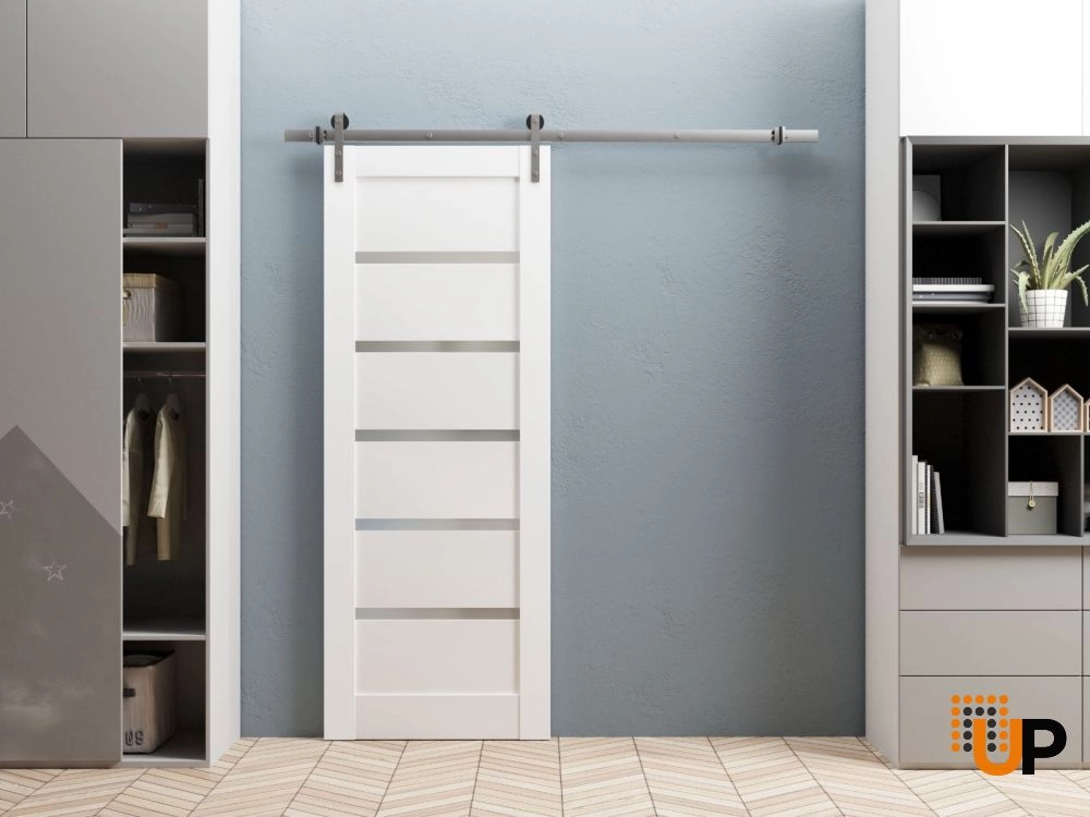 Single mdf sliding modern interior barn door with frosted glass | Quadro 4117 White | 18 x 80 photo#2