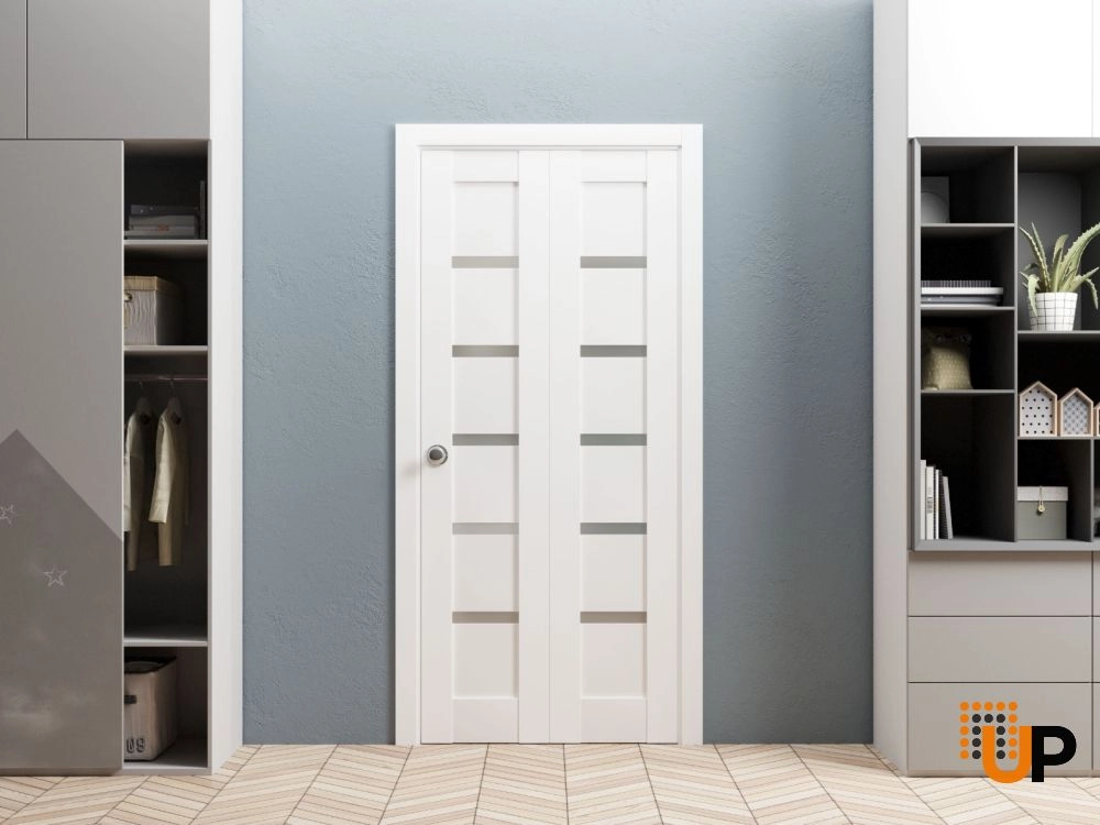 2 folding panels mdf sliding modern interior bi-fold door with frosted glass | Quadro 4117 White | 36 x 80 (2* 18x80) photo#2