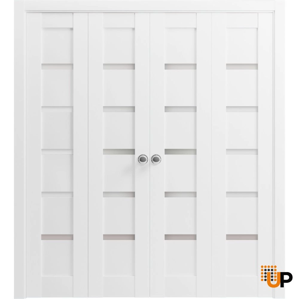 4 folding panels mdf sliding modern interior bi-fold double door with frosted glass | Quadro 4117 White | 72 x 80 (4* 18x80) photo#1