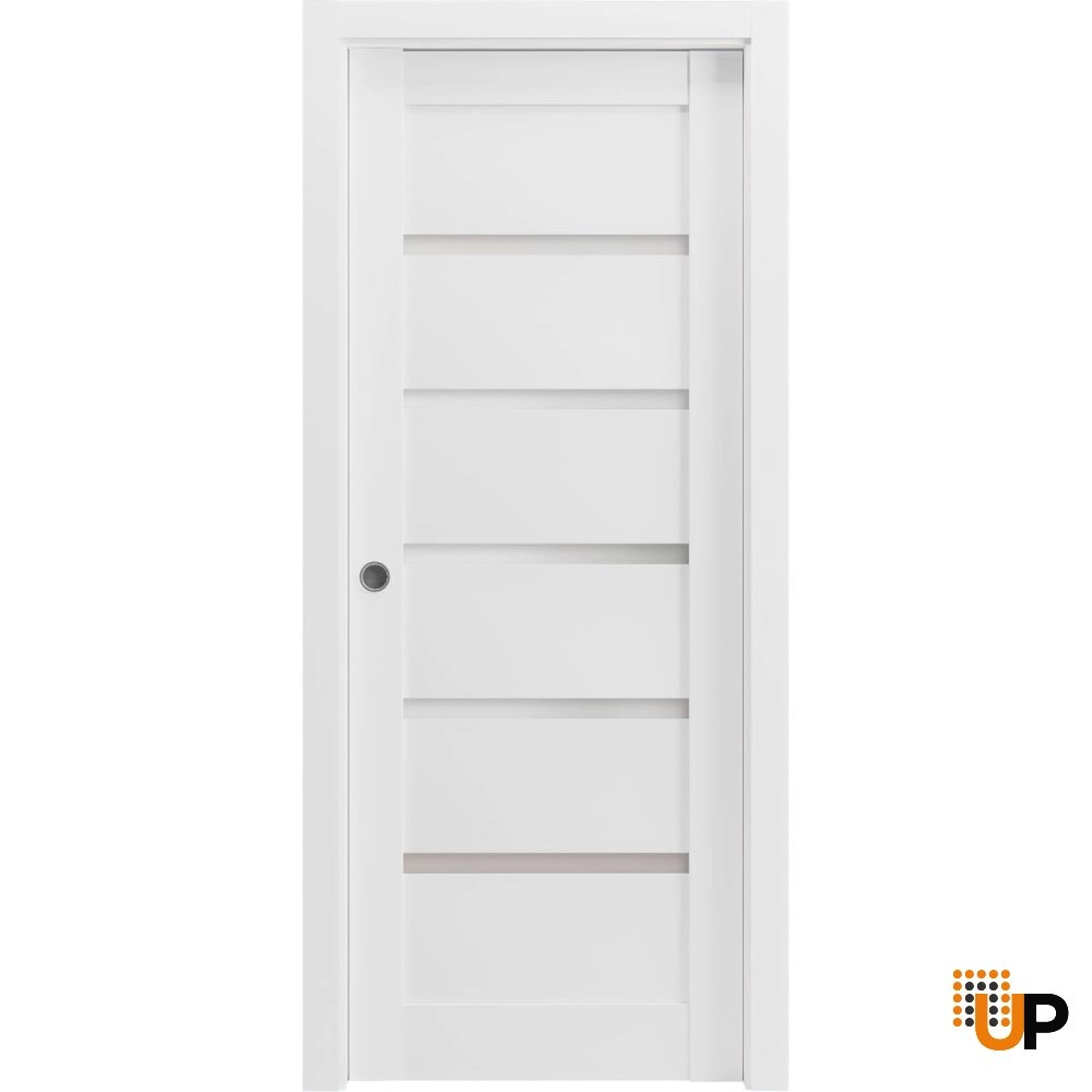 Single mdf sliding interior pocket door with frosted glass | Quadro 4117 White | 18 x 80 photo#1