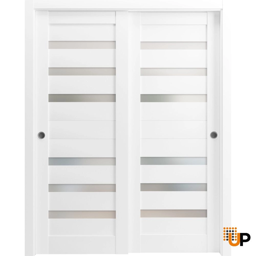 Double mdf sliding modern interior closet bypass door with frosted glass | Quadro 4266 White | 36 x 80 (2* 18x80) photo#1