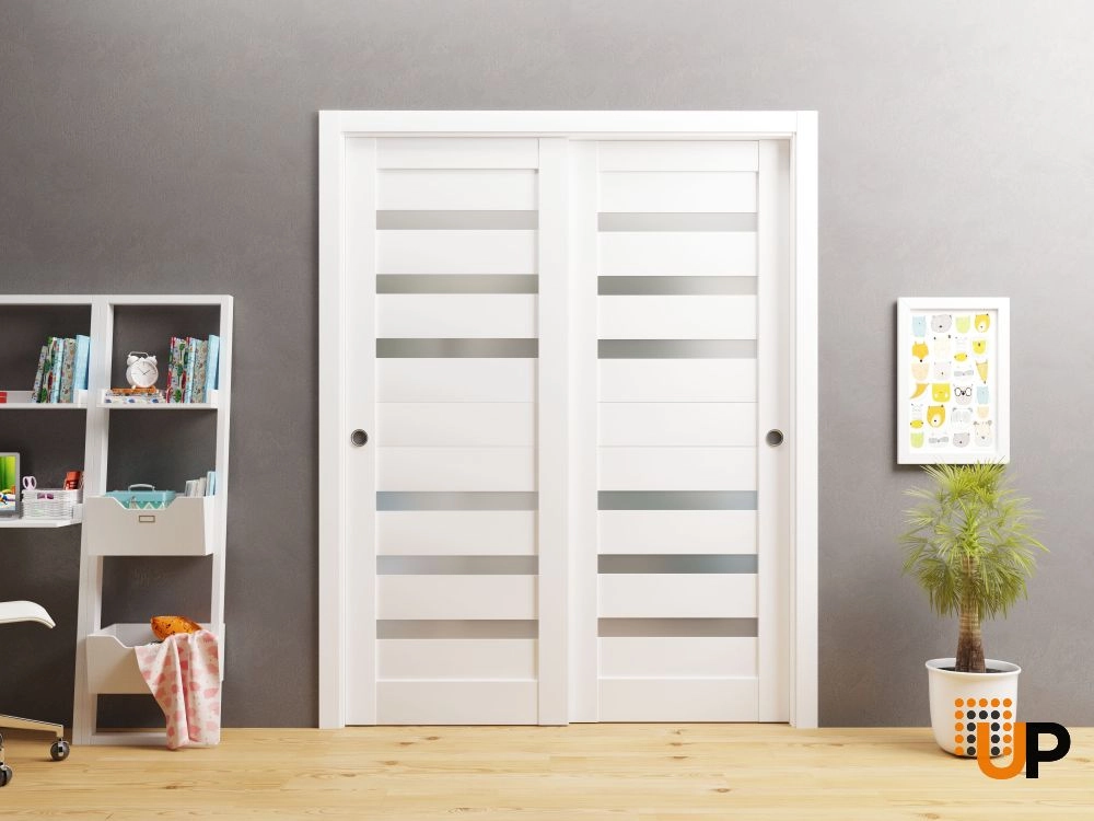 Double mdf sliding modern interior closet bypass door with frosted glass | Quadro 4266 White | 36 x 80 (2* 18x80) photo#2