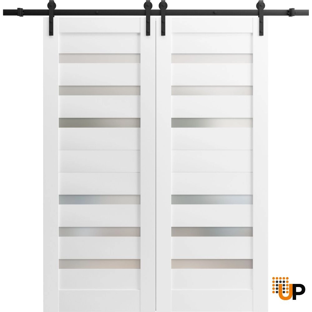 Double mdf sliding french interior barn double door with frosted glass | Quadro 4266 White | 36 x 80 (2* 18x80) photo#1