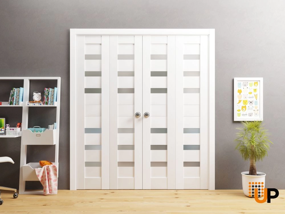 4 folding panels mdf sliding modern interior bi-fold double door with frosted glass | Quadro 4266 White | 72 x 80 (4* 18x80) photo#2