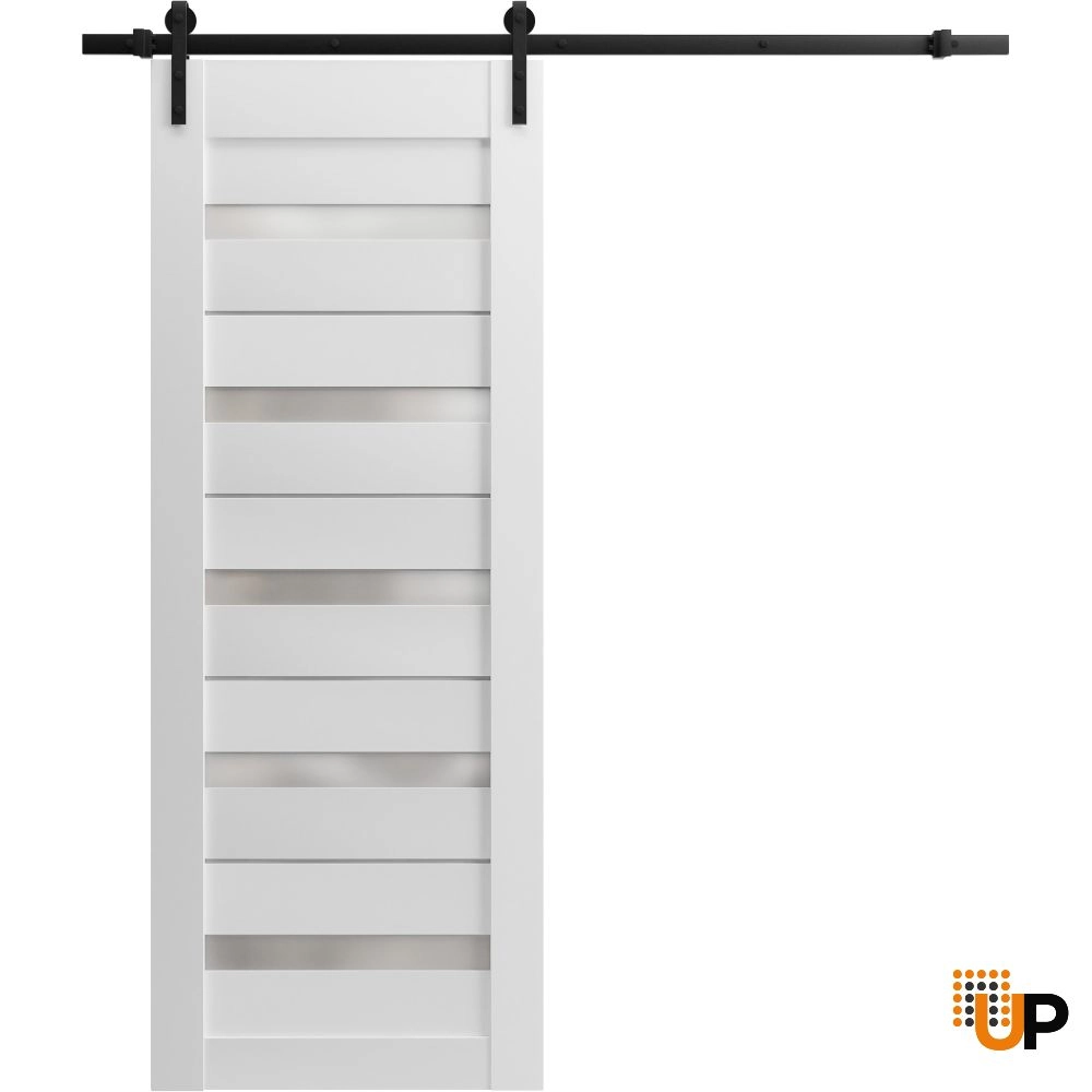 Single mdf sliding modern interior barn door with frosted glass | Quadro 4445  White | 18 x 80 photo#1