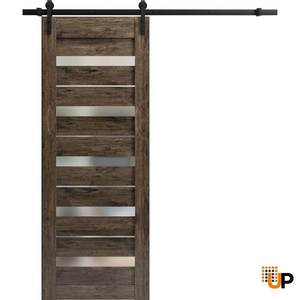 Single mdf sliding modern interior barn door with frosted glass | Quadro 4445  Cognac Oak | 18 x 80 photo#1