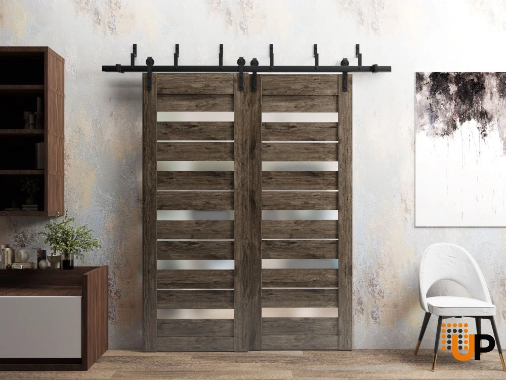 Double mdf sliding modern interior barn bypass door with frosted glass | Quadro 4445  Cognac Oak | 36 x 80 (2* 18x80) photo#2
